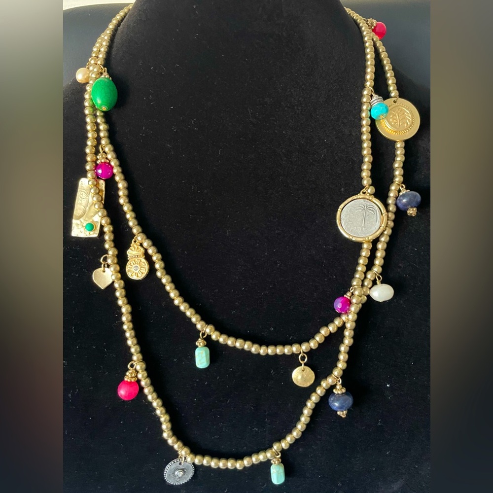 NWT CHICO’S Gold Seed Bead Multi-Color Charm Medallion Long Endless Necklace